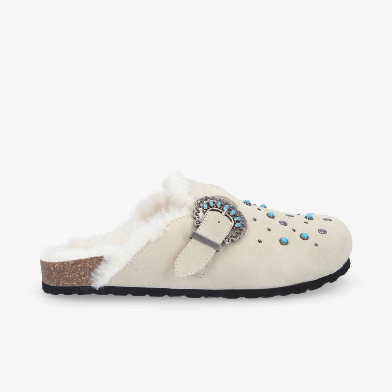 PALOMA CLOG W - SUEDE/FUR/RIVET -  BLANC CASSE/BLEU TURQUOISE